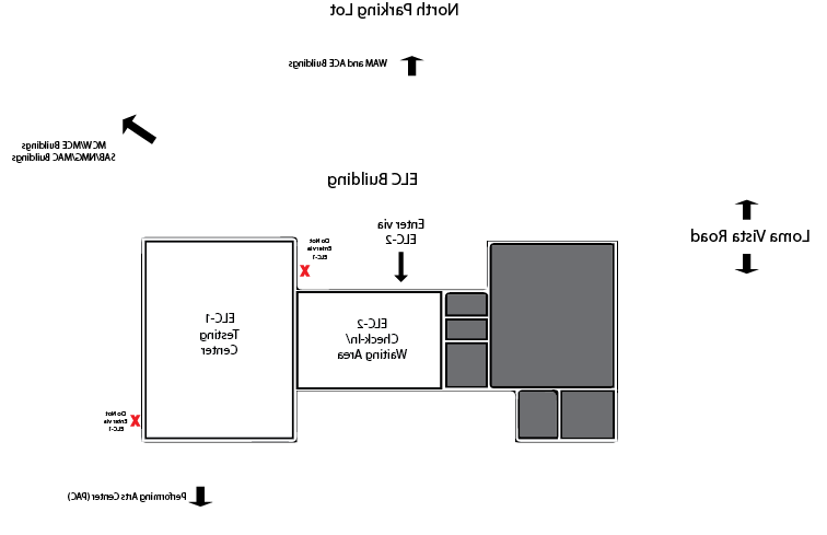 Map of 测试中心 in 语言学校的建筑. Shows to enter via room ELC-2. Located in North Parking Lot, North of MCW/MCE Buildings and West of WAM/ACE Buildings