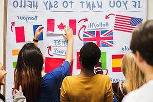 "If You Want to Say Hello" written on a white board with several country flags and language translations.