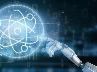 A robotic arm grasping at a depiction of an atom.